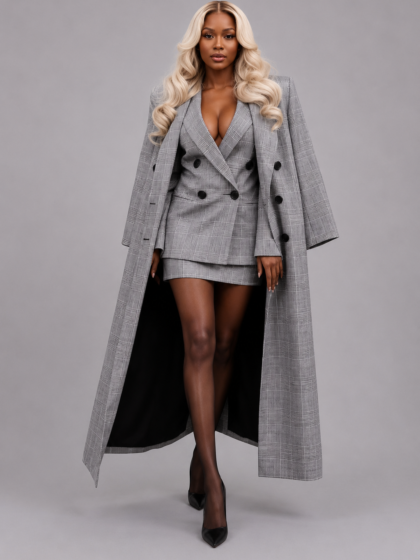 Grey Plaid Blazer Set
