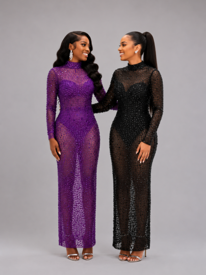 Rhinstones Long Sleeve Gown