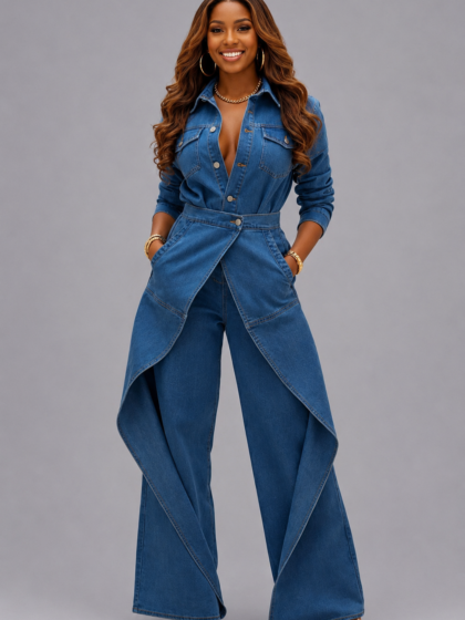 Stretch Denim Ruffle Jumpsuit