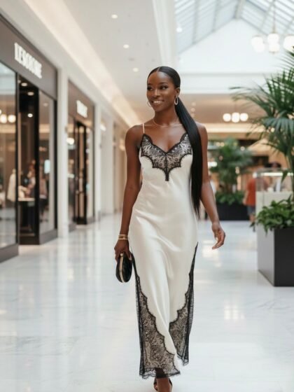 Faux Silk Lace Trim High Slit Strappy Dress