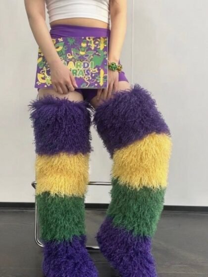 Mardi Gras Furry Knee Long-plush Wool Boots