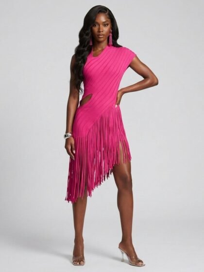 Fringe Midi Dress One-shoulder Cutout Ruched