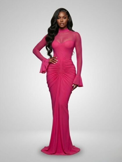 Flare Long Sleeve O-neck Ruched Mermaid Long Maxi Dress