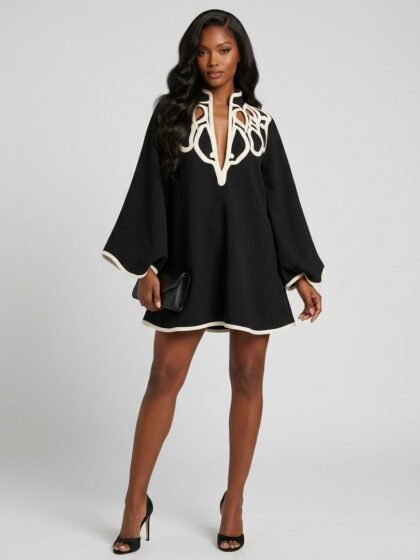 Black White Contrast Cutout Stand Collar Bell Sleeve Loose Fit Mini Dress
