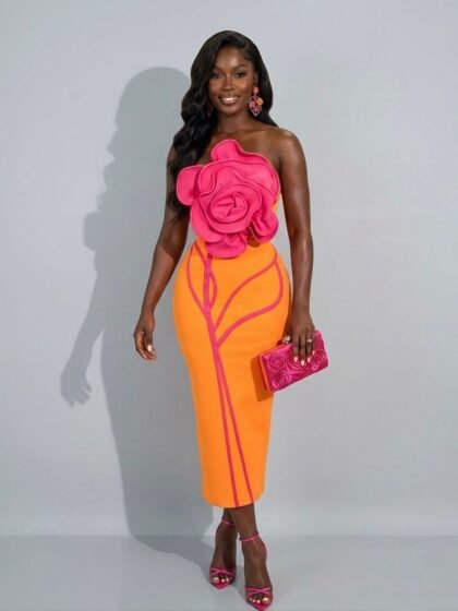 Big Flower Sexy Strapless Backless Bodycon Bandage Long Dress