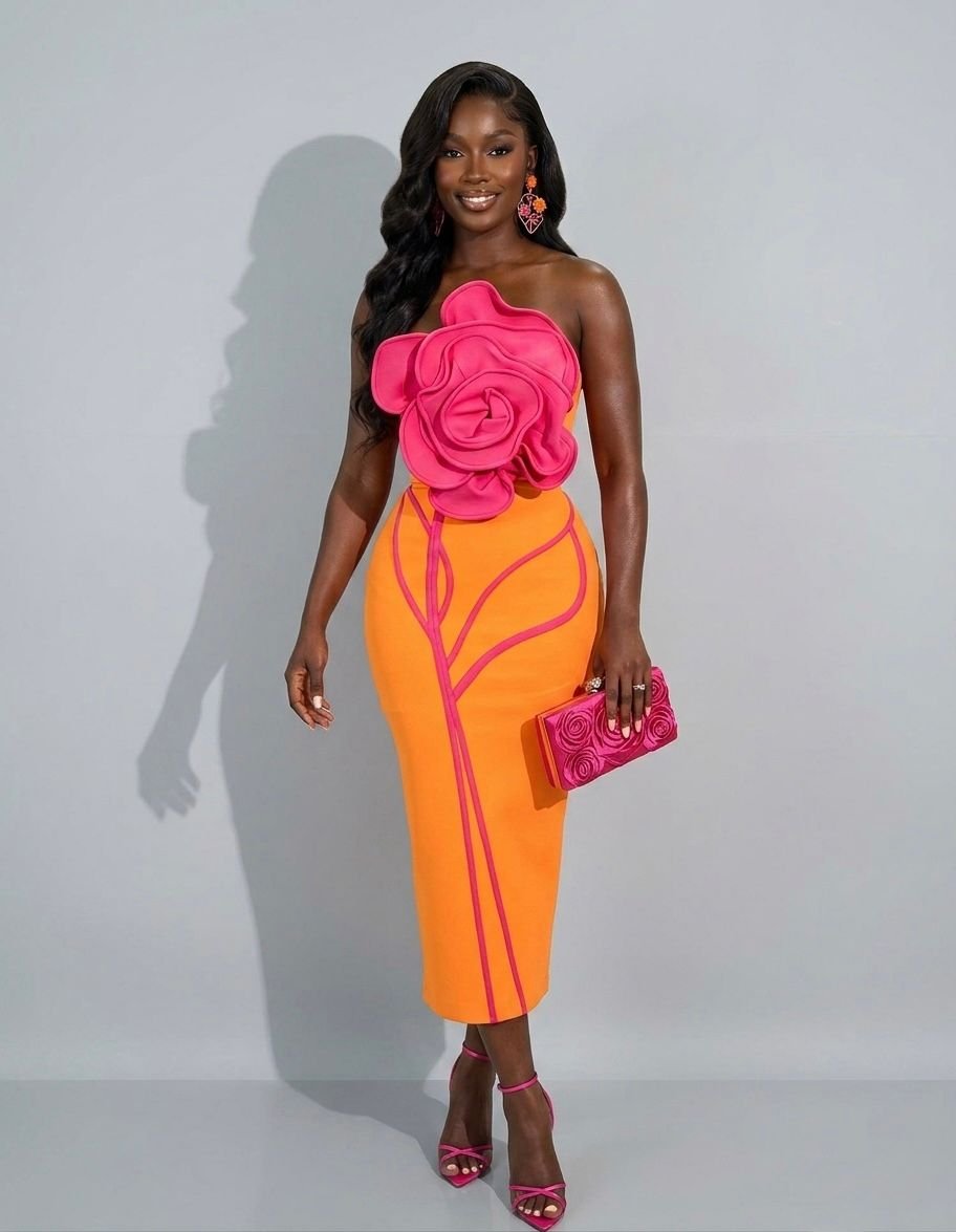 Big Flower Sexy Strapless Backless Bodycon Bandage Long Dress