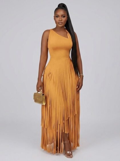 Sleeveless Skew Collar Tassel Long Dresses