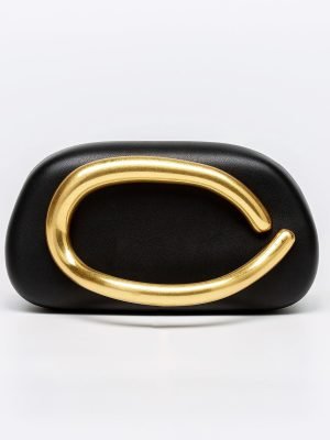 Sleek Metal-handled Leather Evening Clutch Bag