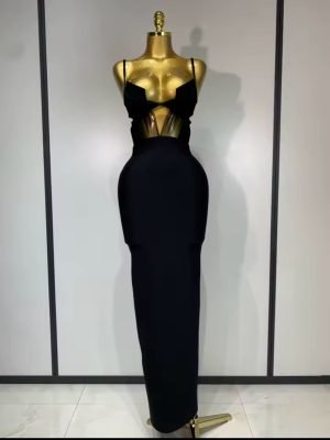 Black Spaghetti Strap Maxi Long Bandage Dress