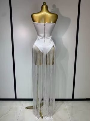 White Elegant Strapless Long Tassels Bandage Bodysuit