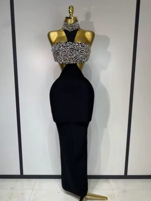 Backless Sparkly Crystal Diamonds Black Bodycon Bandage Dress