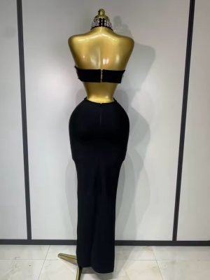 Backless Sparkly Crystal Diamonds Black Bodycon Bandage Dress