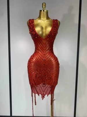 Sparkly Rhinestone Mesh See Through V Neck Dress