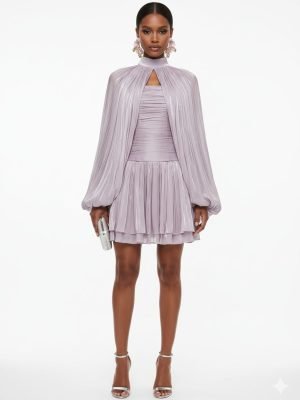 Lantern Sleeve Pleated Strapless Dress