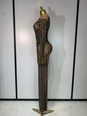 Mesh Perspective Shiny Diamond Dinner Dress