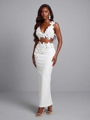White Flowers V-Neck Tops Bodycon Long Dress Two Pieces Set