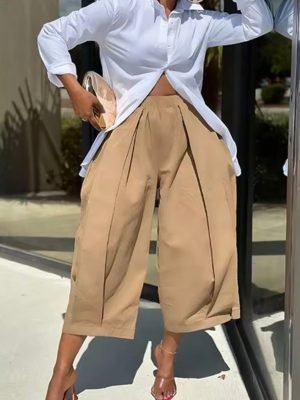 Khaki Capri Trousers Pockets pleated Wide Leg