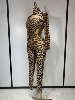 Leopard Gold Rhinestones Spandex Jumpsuit