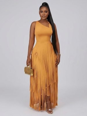 Sleeveless Skew Collar Tassel Long Dresses