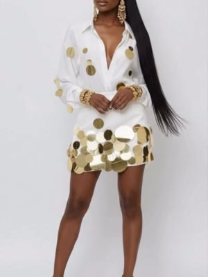 Slimming Spliced Sequins Two Piece Set for Women Lapel Long Sleeves Shirt High Waist Mini