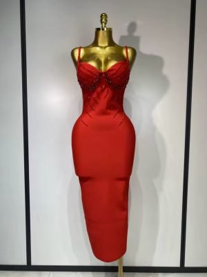 Beading V Neck Bodycon Bandage Dress
