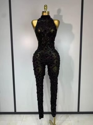 Rhinestones Mesh See Through Bodycon Jumpsuit