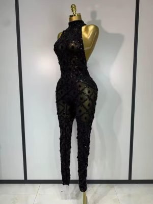 Rhinestones Mesh See Through Bodycon Jumpsuit