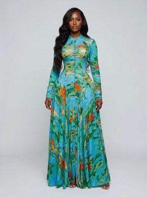 O-neck Full Sleeve Big Swing Tie Dye Print Long Dress