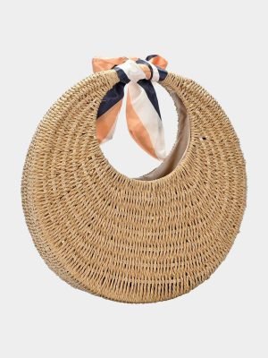 Straw Round Ribbon Handle Tote Bag