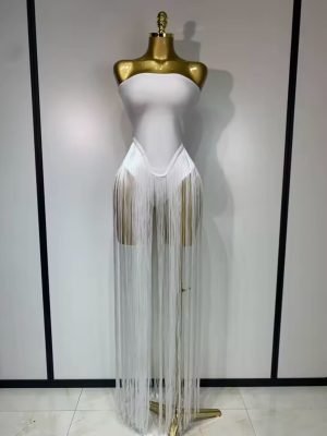 White Elegant Strapless Long Tassels Bandage Bodysuit